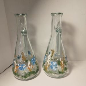 2 Green tinted Glass Hand Painted Vase or Cruet Italy